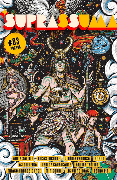 Capa da revista. Figura masculina com elmo de cifres e corpo tatuado, possui 4 braços, segurando um cajado, uma taça de bebida e um crânio. À esquerda, uma mulher seminua dança pole dance. À direita, no canto inferior, uma criança. A capa está cheia de imagens oníricas com um fundo espacial: nuvens cobrem as margens, no alto um galo com cauda de serpente, um peixe com capacete de astronauta, e um globo terrestre com a torre Eiffel se destacam entre o turbilhão de imagens.