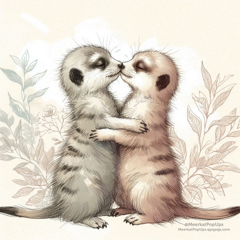 画像には、目を閉じた二匹のミーアキャットがキスをしている様子が写っています。抱きしめ合っており、愛情深い瞬間が捉えられています。背景はピンクとオレンジ色の花でぼかされており、ロマンチックな雰囲気を醸し出しています。全体的に、愛情深く、心温まるような可愛らしい画像です。これはAI生成画像です。

The image shows two meerkats with their eyes closed, kissing. They are embracing each other, capturing a tender moment. The background is blurred with pink and orange flowers, creating a romantic atmosphere. Overall, it's an affectionate and heartwarming image. This is an AI-generated image.