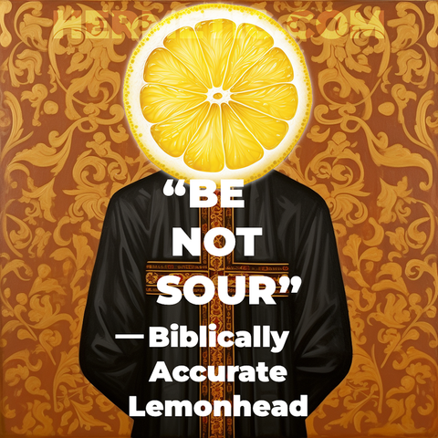 Image like a Greek Orthodox icon, person in a black priestly robe, but they've got a huge slice of lemon for a head. Text in OP.