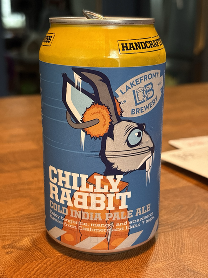 A picture of chilly rabbit beer make by lakefront brewery in Milwaukee sitting in my kitchen island. 