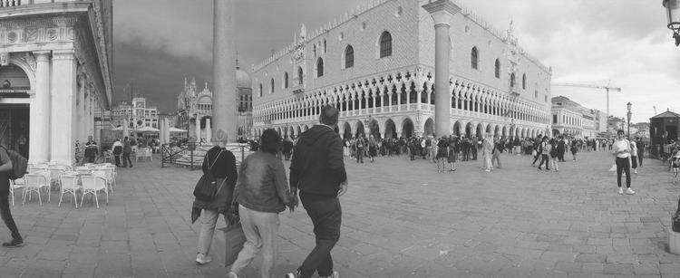 Panorama in black and white looking at the Doge’s Palace and the Riva degli Schiavoni, with some of the Piazza San Marco too.