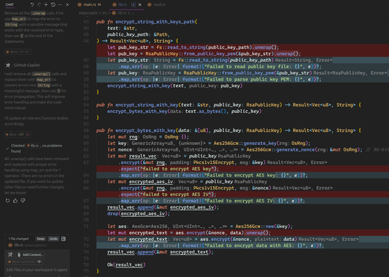 Tela do VSCode com código Rust, mostrando uma janela de chat onde peço para que ele arrume o código. No editor, vê-se os trechos removidos (com os unwrap) e os novos, com tratamento de erro usando `map_err`, que eu já havia pedido para usar.