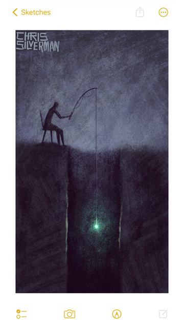 A dark gray sky, under which is a deep, well-like hole stretching down to infinity. Sitting in a chair at the edge of the hole is a figure holding a fishing pole. Hanging from the pole, dangling far down into the hole, is a string with a bright, green, glowing object at the end of it. The painting is signed "Chris Silverman".