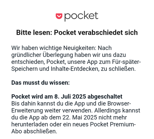 Abschiedsnachricht von Mozilla Pocket