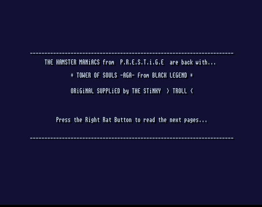 Screenshot of "Tower of Souls" - Crack: Prestige (PSG) - Published by Black Legend on Commodore Amiga (1995)