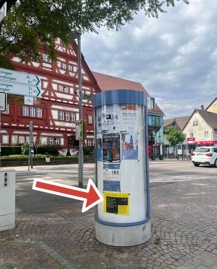 Litfaßsäule mit Veranstaltungsplakaten, darunter eines für Fees Buchvorstellung am 30. Mai um 20 Uhr im Artspace Wieweg, Wieselweg 7 in Kirchheim unter Teck.