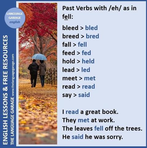 English strong verbs with the sound /eh/ in the past tense, like fell, held, said, read. Image of people walking on a path with fallen leaves