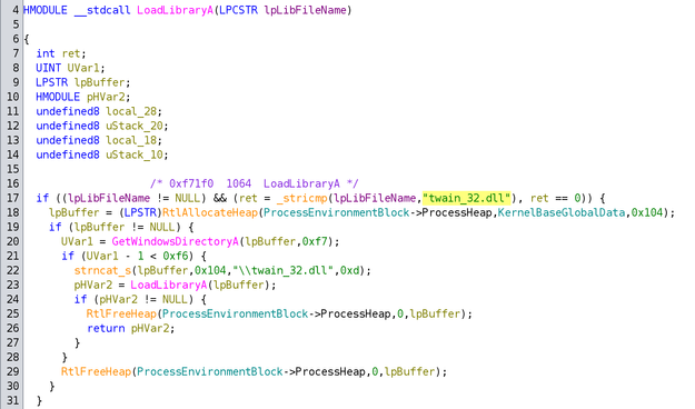 Decompilation of the function LoadLibraryA from Windows 11 Kernelbase.dll showing that it still has a patch to properly load the library "twain_32.dll".

The decompiled code shown is this:

HMODULE __stdcall LoadLibraryA(LPCSTR lpLibFileName)
{
  int ret;
  UINT UVar1;
  LPSTR lpBuffer;
  HMODULE pHVar2;
  undefined8 local_28;
  undefined8 uStack_20;
  undefined8 local_18;
  undefined8 uStack_10;
  
                    /* 0xf71f0  1064  LoadLibraryA */
  if ((lpLibFileName != NULL) && (ret = _s…