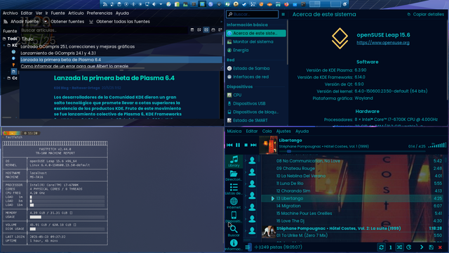 Captura de pantalla que muestra un escritorio de openSUSE Leap 15.6. Se muestra información del sistema, incluyendo detalles del hardware y software, junto a una noticia sobre el lanzamiento de la beta de Plasma 6.4 y un reproductor de música con una lista de reproducción.