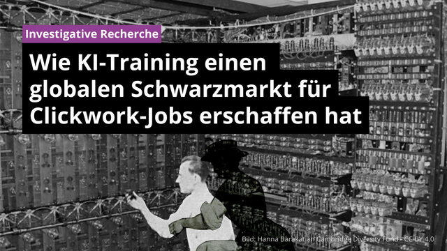 Ein Schwarz-Weiss-Bild, das einen frühen Computer während des Zweiten Weltkriegs zeigt. Im Vordergrund fällt der Schatten einer Frau auf einen Mann, der das Kabel der Maschine wechselt.