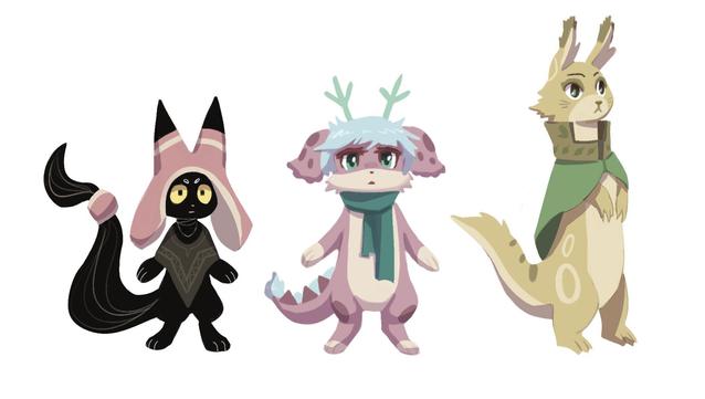 There are three kemono characters. the first one is black with yellow eyes, a long black tail and a pink hat, he is also wearing a gray poncho and a pink bead tying his tail. the second one is pink, with an emerald scarf, eyes and horns. she has dark brown spots, a white divot and blue hair. The third character is tall, looks like a weasel, he is yellow with long ears that end in a brown spot and a green cloak with a brown standing collar decorated with leaves, he has a white belly and brown circle patterns on his body