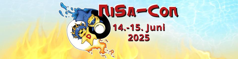 Nisa-Con Banner, das die zwei Maskottchen, einen Plüschlöwen und ein Plüschpferd, in einem Ying-Yang-Zeichen zeigt. Caption: Nisa-Con, 14.-15. Juni 2025