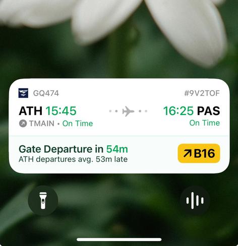 Flighty live activity displaying my ATH to PAS gate number: B16