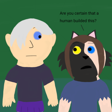 Drawing of Liam looking at Cinder and Cinder looks at Liam and says "Are you certain that a human builded this?" They are both in the lab which is from Code Lyoko