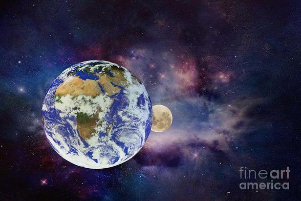 **ACHIEVED 2nd place in FAA Contest - "Your Depiction of the Globe Earth" February 2020.

Our beautiful plant Earth and our Moon made to appear as if they were viewed in space from a spaceship. I have always been interested in astronomy, so I do enjoy making artistic impressions from my photographs.
The image of the moon was an older photo capture of mine, and the image of earth I recently captured at the Vivid Sydney festival, June 2018.

By Kaye Menner Photography. 

Transcript from Vivid Sydney special newspaper 2018:
At the Overseas Passenger Terminal, Sydney, experience Earth, which melds detailed NASA imagery of the Earth's surface with a haunting cosmic soundscape. It will give you that same sense of awe and wonder experienced by astronauts as they viewed our planet from outer space over 50 years ago.

THE FINE ART AMERICA LOGO WILL NOT APPEAR ON PURCHASED PRINTS OR PRODUCTS.