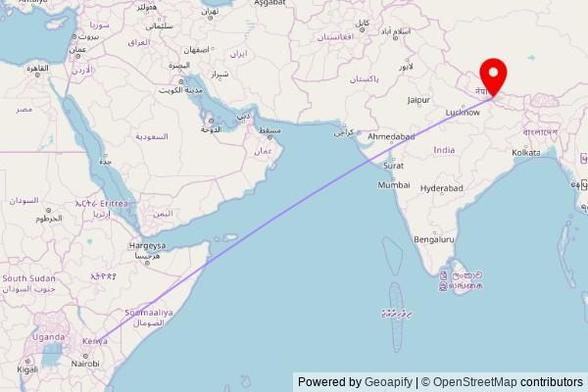 A map showing the great circle route from Kaathene in Kenya to a map pin at Maulakali Devi Temple, Path to Maula Kalika Temple, Gaindakot, Nawalpur District 44027, Nepal