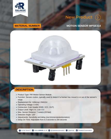 Spesification of Velleman WPSE314 PIR Motion Sensor from Ralakde Automation.