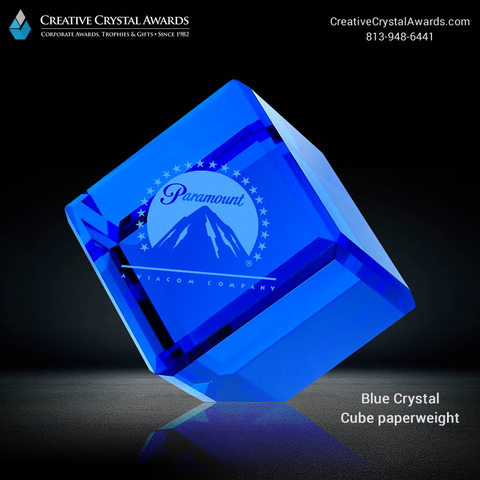 Blue crystal paperweight, blue crystal cube paperweight, cube crystal paperweight, engraved crystal paperweight, crystal desk paperweight gift, corporate crystal gifts, crystal office gifts, USA gifts supplier, promotional paperweights, gifts for employees - Creative Crystal Awards