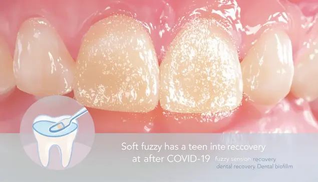 Close-up of clean teeth with soft, velvety enamel texture and subtle dental biofilm illustration in the background, symbolizing fuzzy sensation after COVID-19 recovery.