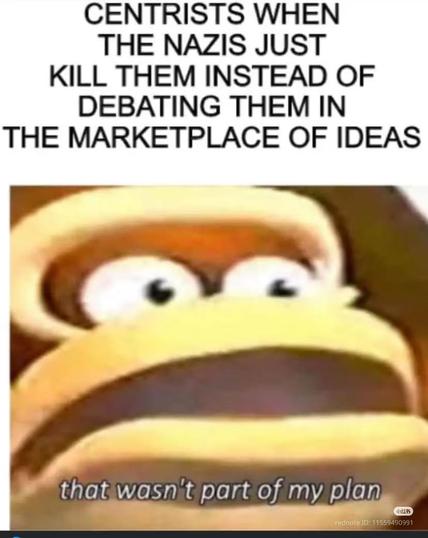 CENTRISTS WHEN THE NAZIS JUST KILL THEM INSTEAD OF DEBATING THEM IN THE MARKETPLACE OF IDEAS: That wasn't part of my plan.
