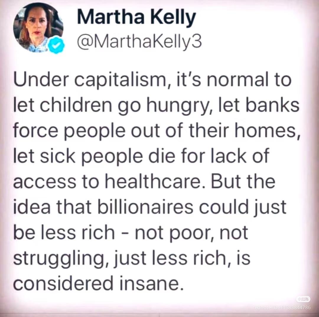 Under capitalism, it's normal to let children go hungry, let banks force people out of their homes, let sick people die for lack of access to healthcare. But the idea that billionaires could just be less rich - not poor, not struggling, just less rich, is <br />considered insane.