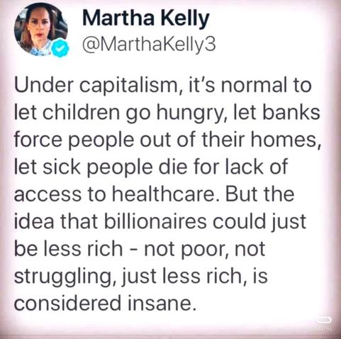 Under capitalism, it's normal to let children go hungry, let banks force people out of their homes, let sick people die for lack of access to healthcare. But the idea that billionaires could just be less rich - not poor, not struggling, just less rich, is considered insane.