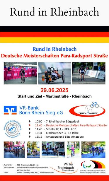 Plakat für "Rund um Rheinbach" am 29.06.2025. Im Rahmen dieser Veranstaltung wird die Deutsche Meisterschaft im Paracycling ausgetragen. 