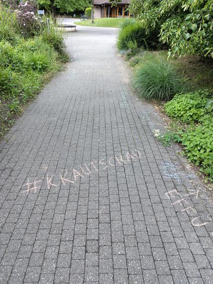 Ein gepflasterter Weg, links und rechts grünt und blüht es so vor sich hin. Auf den Weg geschrieben stehen mit Kreide #Krautschau und Efeu, dazu einiges mehr, was nicht zu erkennen ist. Der Weg mündet im Hintergrund auf einen runden Platz und auch ein Gebäude ist dort zu sehen.