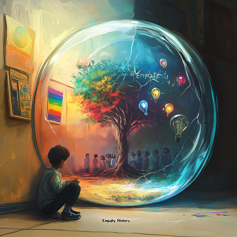A surreal digital artwork showing a young person sitting on the floor of what appears to be a classroom or educational space, gazing into a large transparent sphere. Inside the sphere is a vibrant tree with rainbow-colored foliage, surrounded by floating lightbulbs and silhouettes of people gathered beneath it. The word 'Empathy' appears to be written in the sphere. The scene contrasts the warm, institutional interior with the magical, imaginative world contained within the bubble, suggesting themes of education, creativity, and human connection. The image is titled 'Empathy History' at the bottom.