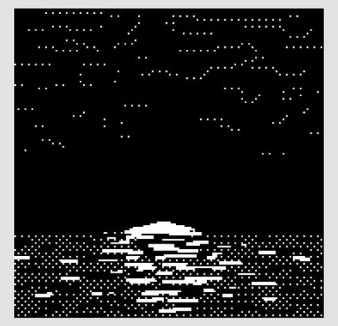 a low pixel black and white drawing of the moon just peeking up over the ocean’s horizon.