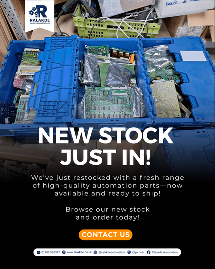 New automation parts in stock at Ralakde Automation – circuit boards in blue crates, ready to ship.