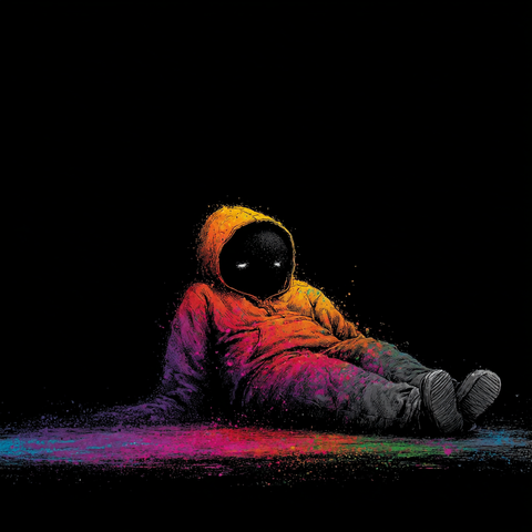 Midjourney Prompt: sleeping robot is lying in a rainbow splash hooded cloak, faceless, shadow, dark, black background, simple background, underworld, --no face skull skin --raw --stylize 750 --v 7