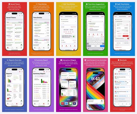 App Store screenshots from the upcoming Timery update. Each screenshot shows different views or features of the app. Shown are a grid of saved timer buttons, a list of recent time entries, editing the current time entry, selecting from time-entry suggestions, splitting the current time entry, reports, interactive Home Screen widgets, widgets on the Lock Screen and Live Activities showing the current time entry, and several Timery actions in the Shortcuts app.