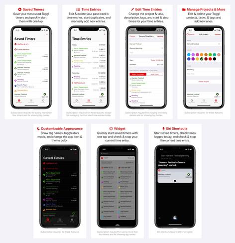 App Store screenshots from the first version of Timery in 2019.  Each screenshot shows different views or features of the app. Shown are a list of saved timers, a list of recent time entries, editing the current time entry with many fewer options than now, editing a project, the saved timers list in dark mode, the old-style iOS widget for Timery with a grid of saved timer buttons, and speaking to Siri to start a saved timer.