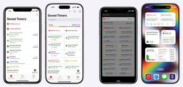 Side-by-side comparisons of saved timers in Timery and widgets from 2019 and today. The 2019 saved timers are a plain list of start icons and text; the today saved timers are in a two-column grid with a header above showing the time tracked today with a small horizontal bar chart in various project colors. The widget from 2019 is an old-style iOS widget with a grid of saved timer buttons. The today widgets show four widgets. One widget has a grid of saved timer buttons; buttons to start the timer now, minutes ago, or at the last stop time; and buttons to page timers forward and backward. Another widget shows the current time entry with a button to stop it. And two widgets show time tracked today and this week with the total duration, bar charts, and projects tracked.