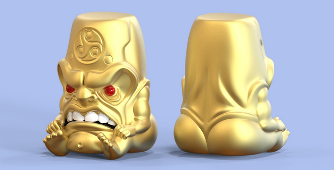 Two views of a 3D sculpt of a very short being with a large head and big red jeweled eyes and a sneering smile. He's very curvy.