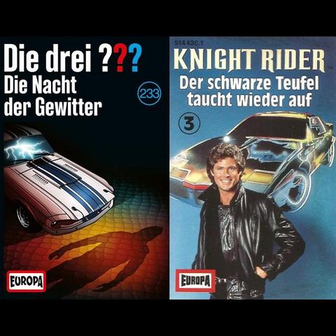 Links: Die drei ??? (233): Die Nacht der Gewitter | Rechts: Knight Rider (3): Der schwarze Teufel taucht wieder auf