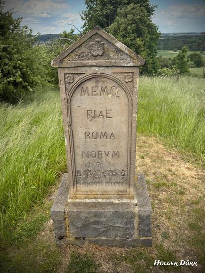 Gedenkstein aus hellem Sandstein auf einem Sockel, errichtet 1912 zur Erinnerung an die Römer. Die lateinische Inschrift verweist auf „Roma“ und das Jahr „MDCCCCXII“. Der Stein steht leicht erhöht auf einer Wiese bei Grüningen, mit weitem Blick über das grüne Umland – ein stiller Zeuge vergangener Zeiten.