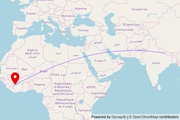 A map showing the great circle route from Gaindakot in Nepal to a map pin at Cathédrale Saint-Augustin d'Odienné, Avenue Vakaba Touré, Odienné, Côte d'Ivoire