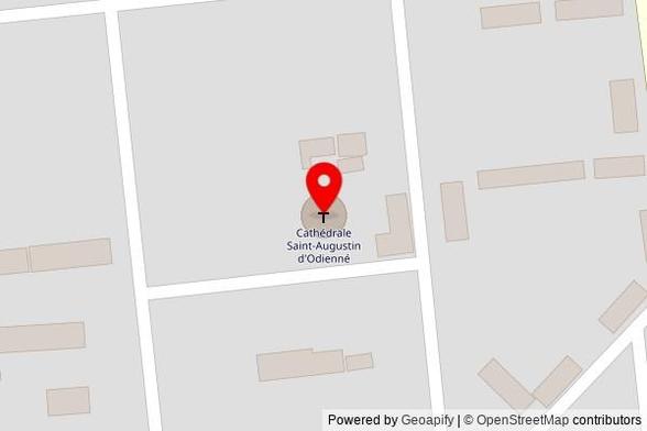 A zoomed out map with a pin at the position of Cathédrale Saint-Augustin d'Odienné, Avenue Vakaba Touré, Odienné, Côte d'Ivoire