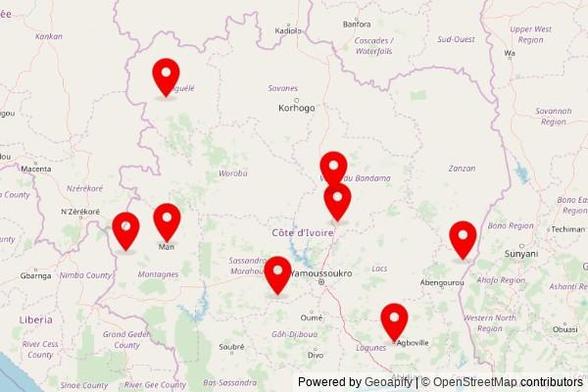 A map showing every place of worship we have visited so far in Côte D'Ivoire including:
Cathédrale Saint-Augustin d'Odienné in Odienné
Paroisse St Jean Vianney in Agboville
Eglise catholique Saint Augustin in Tonkpi
Grande Mosquée d'Agnibilékrou in Agnibilékrou
Mosquée de La Casse Ferraille in Bouaké
Association des Églises Baptistes Évangéliques de Côte d'Ivoire in Katiola
Eglise Catholique Saint Michel in Sinfra
Église Catholique Saint-Jean in Danané