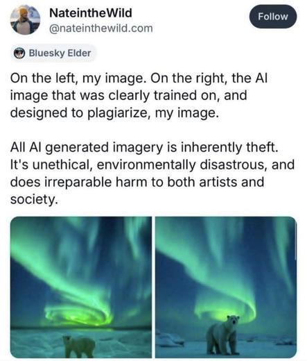 NateintheWild
@nateinthewild.com
Bluesky Elder
On the left, my image. On the right, the Al image that was clearly trained on, and designed to plagiarize, my image.

All Al generated imagery is inherently theft. It's unethical, environmentally disastrous, and does irreparable harm to both artists and society.