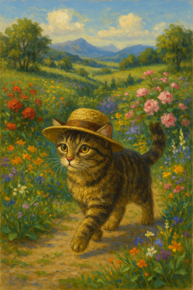 A digital painting of a cute brown tabby cat wearing a straw hat, walking through a colorful field of wildflowers under a bright blue sky. The art style is reminiscent of an oil painting with soft, painterly strokes.