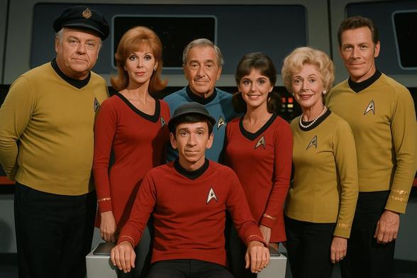 AI generated image: Poorly rendered versions of the cast of Gilligan's Island dressed in poorly rendered versions of Star Fleet uniforms, on the bridge of the U.S.S. Enterprise. "Gilligan" is in the captain's chair while, from left to right, "The Skipper", "Ginger", "Thurston Howell III", "Mary Anne", "Mrs. Howell", and "The Professor" stand behind him. Gilligan, Ginger and Maryanne are in red (security / engineering) uniforms, Skipper, Mrs. Howell, and the Professor are in gold (command) unifo…