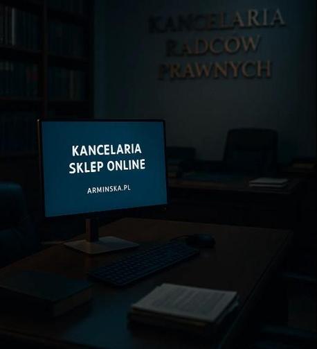 Kancelaria radców prawnych Armińska - Pomieszczenie po godzinach pracy, przygaszone światła, napis na ścianie "Kancelaria Radców Prawnych" na biurku stoi komputer z napisem na włączonym monitorze: Kancelaria Sklep oline i adresem www sklepu kancelarii prawnej arminska.pl - DORA, Legal Design, Kompleksowa obsługa firm