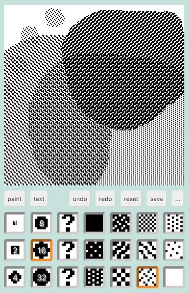 a screenshot of a chunky pixel drawing program with overlapping patterns on the canvas and brush size and pattern buttons below.