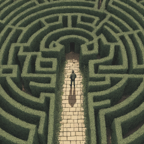 Model: RealVisXL V4.0
(vintage comic book illustration, graphic novel, ultra detail, 4k, graphic novel illustration) view from above and behind, a solitary entering a hedge maze labyrinth 