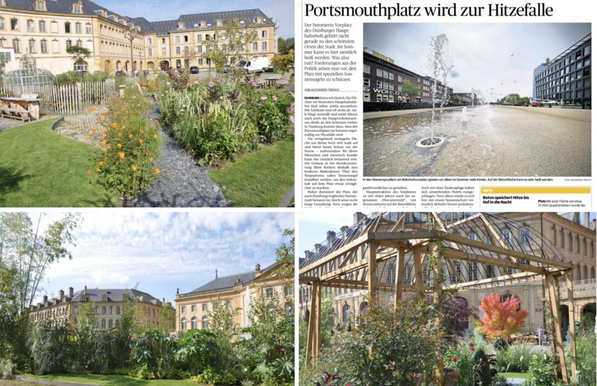 Fotocollage von Ansichten eines begrünten Platzes in Metz und einem Zeitungsausschnitt über den Duisburger Portsmouthplatz, der zur Hitzefalle wird