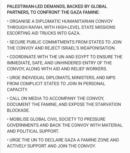 PALESTINIAN-LED DEMANDS, BACKED BY GLOBAL
PARTNERS, TO CONFRONT THE GAZA FAMINE:

+ ORGANISE A DIPLOMATIC HUMANITARIAN CONVOY
THROUGH RAFAH, WITH HIGH-LEVEL STATE MISSIONS
ESCORTING AID TRUCKS INTO GAZA.

+ SECURE PUBLIC COMMITMENTS FROM STATES TO JOIN
THE CONVOY AND REJECT ISRAEL'S WEAPONISATION.

+ COORDINATE WITH THE UN AND EGYPT TO ENSURE THE
IMMEDIATE, SAFE, AND UNHINDERED ENTRY OF THE
CONVOY, ALONG WITH AID AND RELIEF WORKERS.

+ URGE INDIVIDUAL DIPLOMATS, MINISTERS, AND MPS
FROM COMPLICIT STATES TO JOIN IN PERSONAL
CAPACITY.

+ CALL ON MEDIA TO ACCOMPANY THE CONVOY,
DOCUMENT THE FAMINE, AND EXPOSE THE STARVATION
BLOCKADE.

+ MOBILISE GLOBAL CIVIL SOCIETY TO PRESSURE
GOVERNMENTS AND BACK THE CONVOY WITH MATERIAL
AND POLITICAL SUPPORT.

+ URGE THE UN TO DECLARE GAZA A FAMINE ZONE AND
ACTIVELY SUPPORT AND JOIN THE CONVOY.
