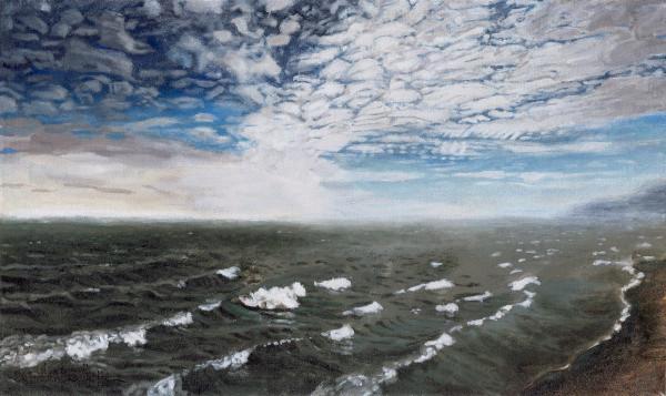 Painting on canvas of an ocean shore with low waves. The ocean appears dull green with white crests, the sky is blue with silver white cloud patterns leading to a blurry horizon. 